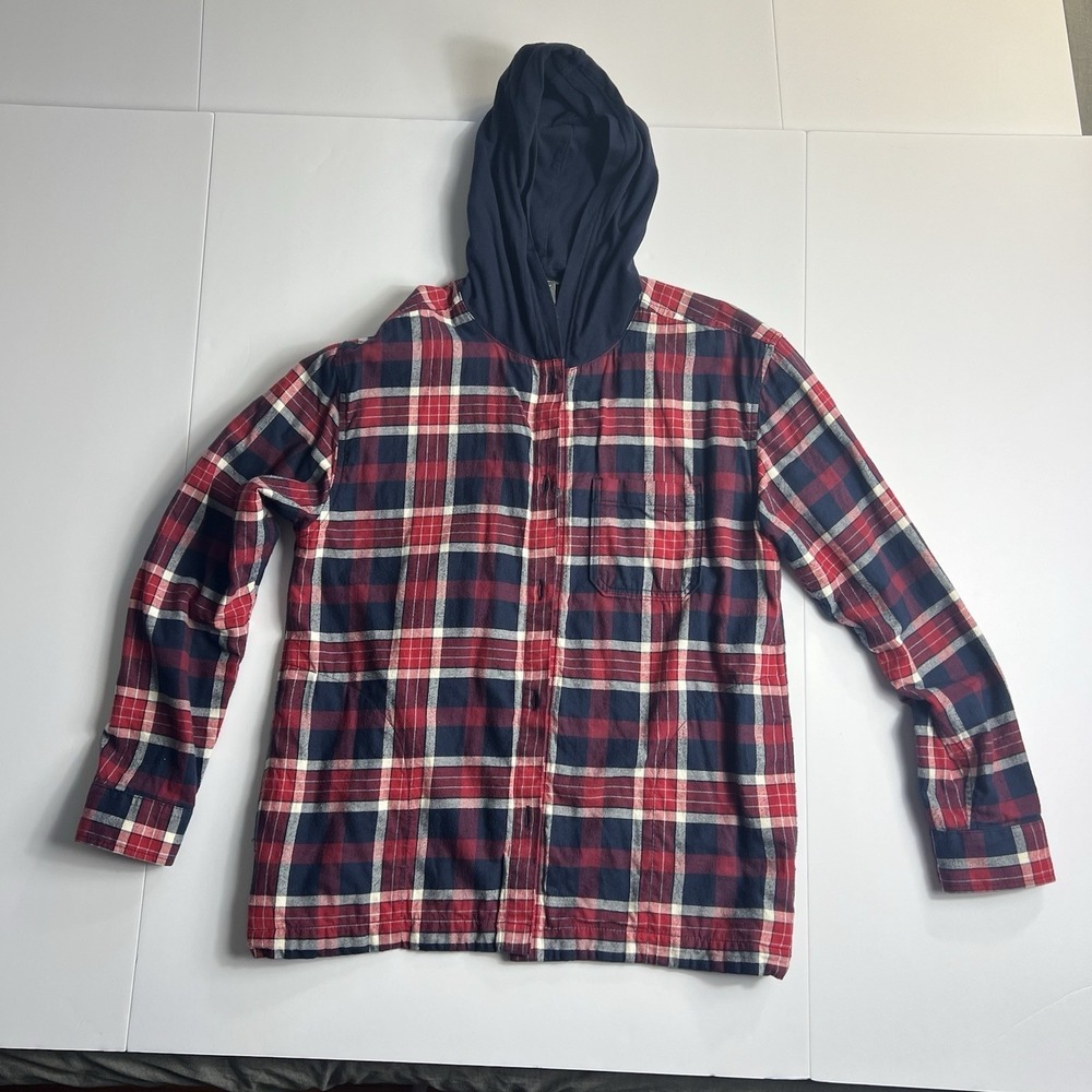Eddie Bauer Women's Sm 100% Cotton Hoodie Red Plaid Flannel Button Down Pockets